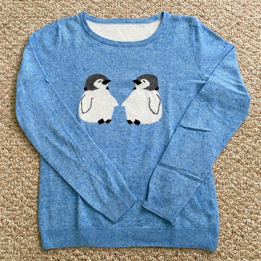 Cashmere Lambswool Blend Penguin Lightweight Knit Graphic Sweater Sky Blue